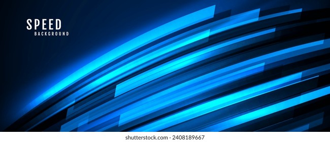 Fondo geométrico tecno 3D azul en el espacio oscuro con líneas de resplandor en la decoración de efecto de movimiento. Diseño gráfico moderno concepto de estilo panorámico de alta velocidad para cubierta de pancarta, volante, tarjeta o folleto