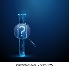 3d blue test tube under magnifying glass with question mark inside Laboratory diagnostics, sample analysis, biochemical research, experiment review concept. Low poly digital futuristic style Vector.