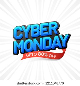 3D, blue text Cyber Monday with 80% discount offer on white ray background. Sale template or flyer design.