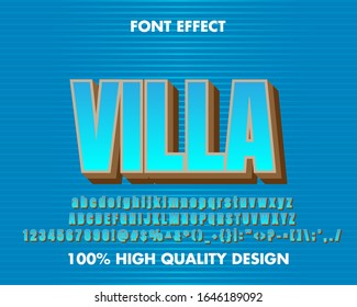 Efecto de texto azul 3D con extrusión y sombra para uso con adhesivo y pantalones T. Fuente de conjunto completo. Vector Premium