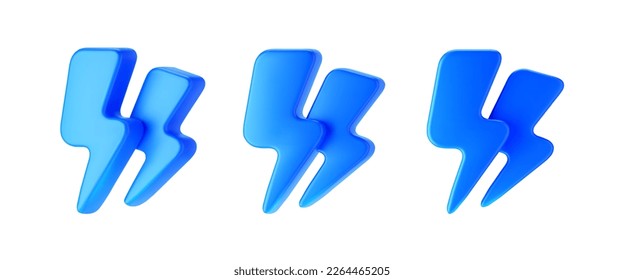 3d blue thunderbolt, double lightning icons isolated on background. Render of lightning hit, electric strikes, flash of thunderbolt. 3d cartoon simple vector illustration