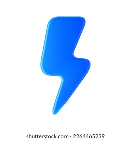 3d blue thunderbolt, lightning icon isolated on white background. Render of lightning hit, electric strike, flash of thunderbolt. 3d cartoon simple vector illustration