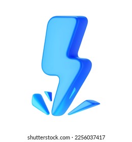 3d blue thunderbolt with sparks, lightning icon isolated on white background. Render of lightning hit, electric strike, flash of thunderbolt. 3d cartoon simple vector illustration