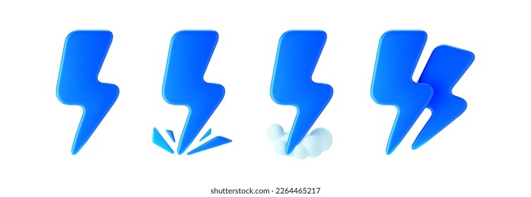3d blue thunderbolt with sparks, smoke clouds and double lightning icons on background. Render of lightning hit, electric strikes, flash of thunderbolt. 3d cartoon simple vector illustration