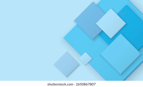 3D blue tone square plate various size with light blue horizontal background graphic illustration have blank space.