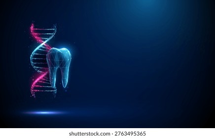 3d blue tooth with DNA helix Genetic factors in dental health, genetic mutations, odontogenesis, stem cell research, artificial tooth growth, regenerative dentistry concept. Futuristic digital Vector.