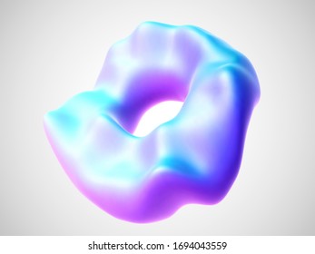 3D blue torus isolated on white background. Bright design element in shape of torus or ring figure. Concept of unhealthy sweet food - glazed donut. Vector illustration of ring geometric object.