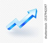 3D Blue Transparent Glass Arrow Icon Represents Growth, Isolated On Transparent Background. Realistic vector illustration.