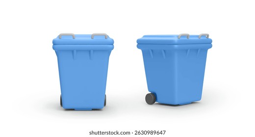 3d Blue Trash Bin Set in Isometric View with Wheels and Closed Lid. Clean and Minimal Recycling or Garbage Container for Urban and Eco Projects. Vector Illustration