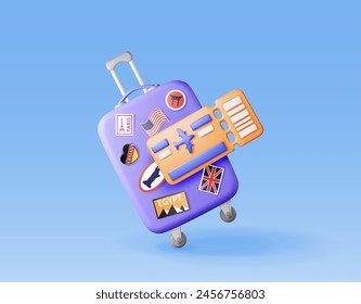 3D blue travel suitcase with stickers and boarding pass isolated. Render plastic bag with airplane ticket. Travel or journey plastic case trolley on wheels. Travel baggage luggage. Vector illustration