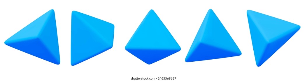 Símbolo o icono de triángulo azul 3d con diferentes ángulos. Forma triangular de figura geométrica. Ilustración vectorial de stock sobre fondo aislado.