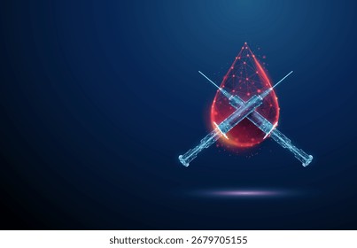 3d azul dos jeringas cruzadas delante de gota de sangre. Atención de la diabetes, tratamiento médico, vacunación, inmunización, atención médica, concepto de prevención. Estilo futurista digital de baja poli, estructura de alambre. Vector.