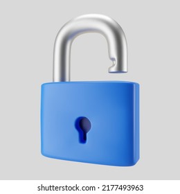 3d blue unlocked padlock icon isolated on gray background. Render minimal open padlock with a keyhole. Confidentiality and security concept. 3d cartoon simple vector illustration