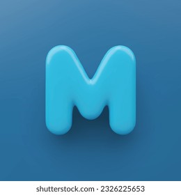 3D Blue uppercase letter M with a glossy surface on a blue background .