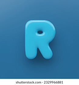 3D Blue uppercase letter R with a glossy surface on a blue background .