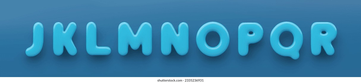 3D Blue uppercase letters J, K, L, M, N, O, P, Q and R with a glossy surface on a blue background.