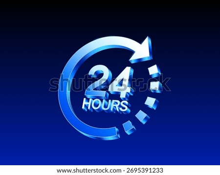 3D blue vector illustration of a 24 hours circular arrow icon representing nonstop service, support, or availability. 3d vector illustration