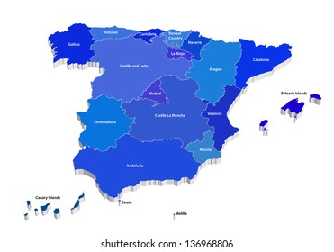 3D blue vector map of Spain