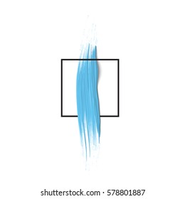 3d  blue vertical paint brush stroke with square frame. Hand drawn painted textured banner. Vector design element.