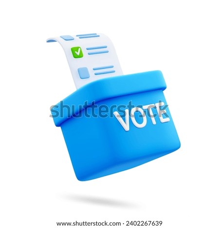 3D Blue Vote Box and Ballot Paper with Check Mark Isolated on White Background. Design Element for Election Campaign. Vector Illustration of 3D Render in Cartoon Style.