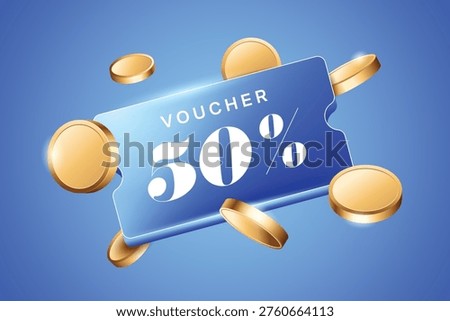 3d blue voucher coupon discount with golden money flying. Elegant ticket voucher code 50%.