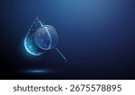 3d blue water drop under magnifying glass Water analysis, purification, filtration, treatment, quality monitoring, contamination detection concept. Low poly digital futuristic style, wireframe Vector.