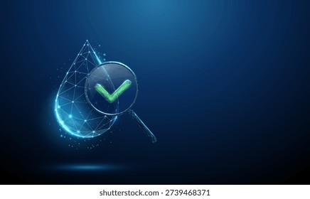 3d blue water drop under magnifying glass with green check mark. Water quality analysis, purity testing, environmental monitoring, laboratory verification concept. Futuristic digital style. Vector.