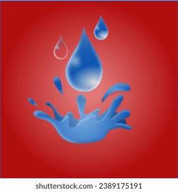 3d blue water drops with water splashes underneath on gradient red background