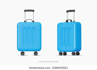 3D Blue wheeled suitcase for travel. Cabin luggage. Plastic bag for flight. Journey concept. Time to tourism and vacation. Booking your next trip. Cartoon design icon set. 3D Vector illustration