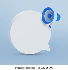 3D Blue and white colored megaphone speaker with speech bubble, vector illustration