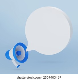 3D Alto-falante de megafone azul e branco com balão de fala, ilustração vetorial