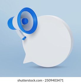 3D Altavoz de megáfono de color azul y blanco con burbuja de discurso, Ilustración vectorial