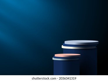 3D blue and white cylinder pedestal in dark blue empty room with lighting background. You can use for products display presentation, cosmetic, Studio room, etc. Vector illustration