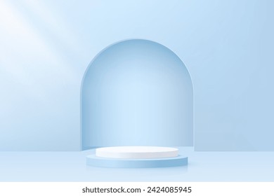 Стоковое векторное изображение: 3d blue and white cylinder pedestal podium with minimal blue studio room for cosmetics or baby product display, vector illustration.