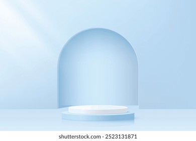 3D blau und weiß Zylinderpodest Podium mit minimalblauem Studioraum für Kosmetik oder Babyartikel Anzeige, Vektorgrafik.