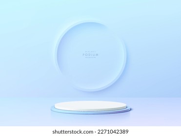 3D blue and white cylinder realistic podium background in room with ring emboss on wall. Minimal wall scene mockup product stage showcase, Banner promotion display. Abstract vector geometric forms.