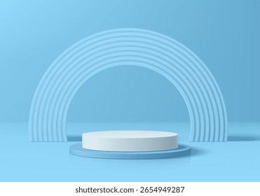 Fundo de pódio cilíndrico azul e branco 3D com fundo semicírculo. Pedestal de maquete minimalista. Apresentação abstrata da exposição do produto do suporte, vitrine do palco. Projeto geométrico vetorial de plataformas.
