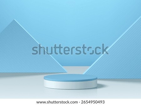 3D blue, white cylindrical podium background with triangle backdrop scene. Minimalist mockup pedestal. Abstract stand product display presentation, Stage showcase. Platforms vector geometric design.
