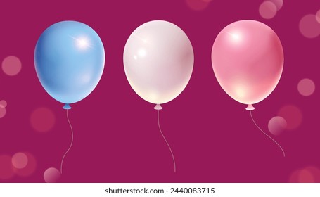 3D blue, white and pink party balloon elements isolated on magenta background with bokeh effect