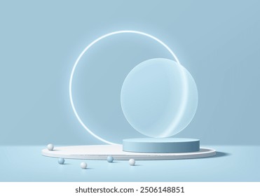 3D blue, white round podium background with glowing neon ring backdrop. Abstract composition minimalist design. Studio display showroom cosmetic product pedestal, Fashion stage showcase mockup scene.