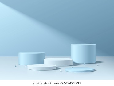 3D blue, white round product podium set background with light and shadow. Abstract geometric composition in minimalist design. 3D studio display showroom pedestal, Fashion stage showcase mockup scene.