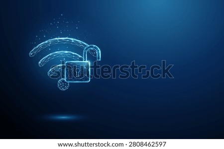 3D blue wifi and opened lock. Cybersecurity, wireless network, data privacy, secure connection, internet safety, signal access, cyber defense, encryption concept. Digital futuristic style. Vector.