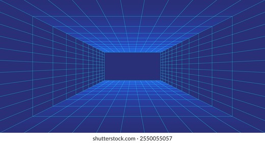 3d blue wireframe grid room. Perspective laser cyberspace dark background