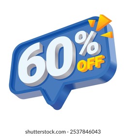 3D Blue and Yellow 60% Discount Offer Badge with bold white text, vibrant yellow accent, and dynamic design. Perfect for online store promotions, special offers, and sales banners.