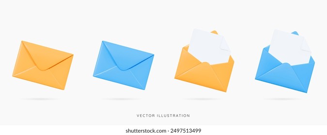 3D Blue and yellow envelopes icon set. Open and close letters. Subscribe to newsletter. Email message. Send post card. Envelope with document. Mail notification. Cartoon icons. 3D Vector illustration