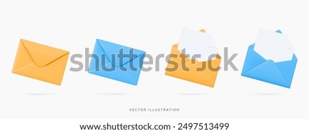 3D Blue and yellow envelopes icon set. Open and close letters. Subscribe to newsletter. Email message. Send post card. Envelope with document. Mail notification. Cartoon icons. 3D Vector illustration