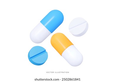 3D Píldoras médicas azules y amarillas. Comprimidos ovalados en forma de cápsula. Vitaminas y antibióticos para la salud. Salud y medicina. Farmacia. Icono de dibujos animados aislado en blanco. Ilustración vectorial 3D