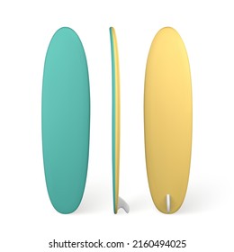 tabla de surf en 3D azul y amarillo. Símbolo realista del tiempo de verano aislado de fondo blanco. Objeto Summertime. Ilustración vectorial.