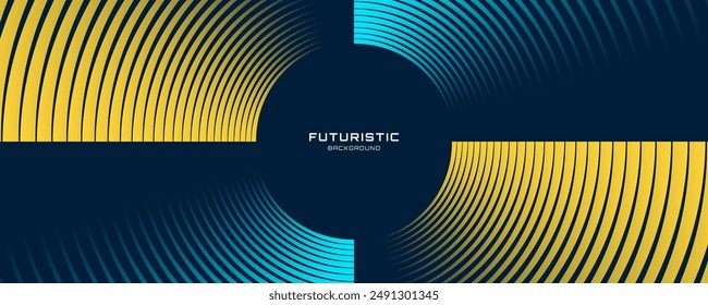 3D blue yellow techno abstract background on dark space with glowing lines decoration. Modern banner with stripes style. Graphic design element circles concept for web, flyer, card, or brochure cover