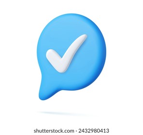 3d Blue yes check mark icon symbol or tick ok correct button. approved speech bubble checklist. 3d rendering. Vector illustration